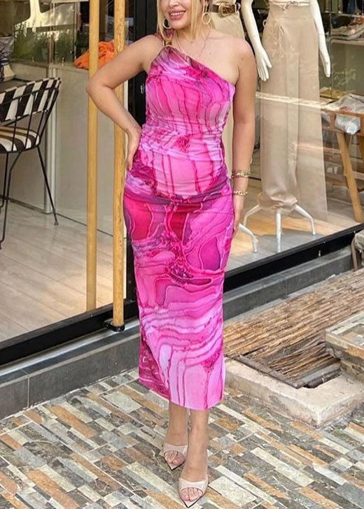 Rose Print Cotton Long Dresses One Shoulder Summer