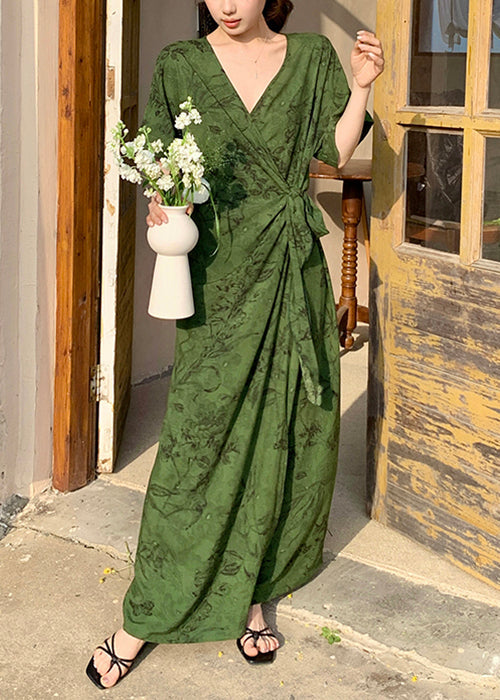 Rose Print Tie Waist Cotton Summer Long Dress V Neck