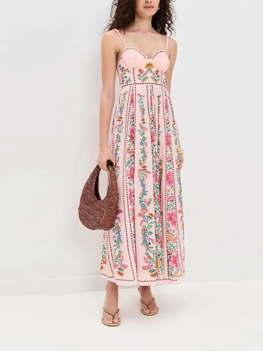 Printed Sweetheart Neck Beaded Strap Maxi Dress