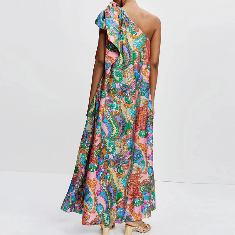 Neon Print Cutout Back Tie-Up Maxi Dress