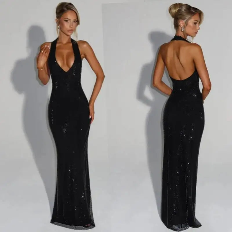 Opaline Halter V-Neck Rhinestone Maxi Dress