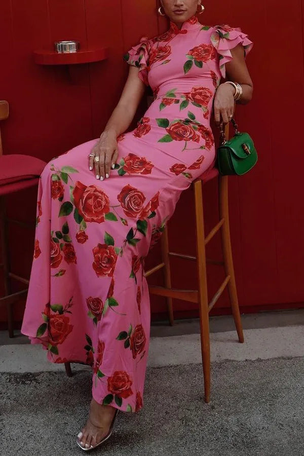 Printed Linen Blend Puff Sleeve Maxi Dress