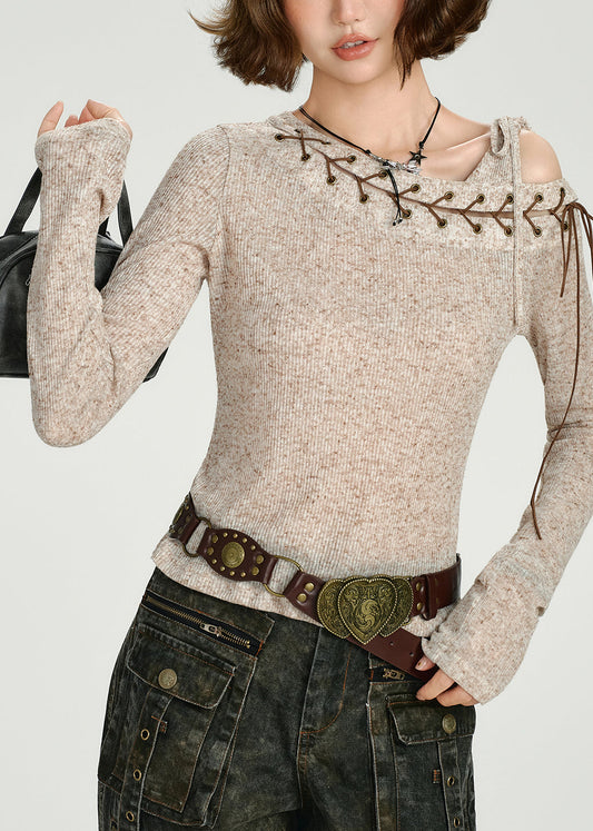 Sexy Apricot Asymmetrical Tie Lace Cotton Knit Sweaters Top Fall