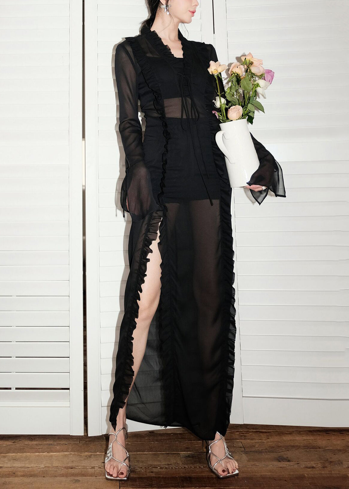 Sexy Black Lace Up Side Open Chiffon Long Dress Flare Sleeve
