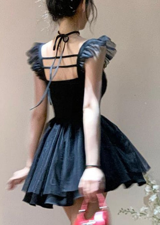 Sexy Schwarzes Midikleid aus massiver Baumwolle mit quadratischem Kragen für den Sommer