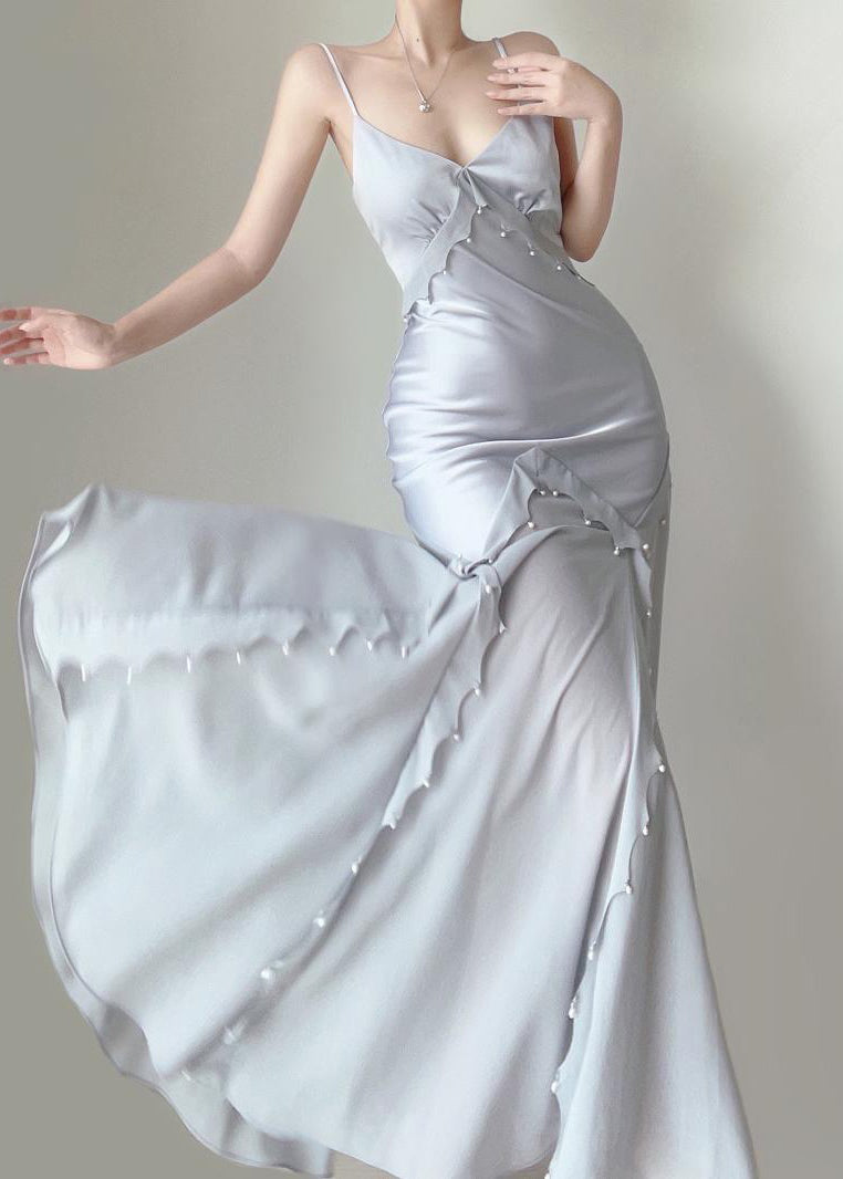 Sexy Blau Nagel Perlen Chiffon Patchwork Spaghetti Träger Kleid Ärmellos