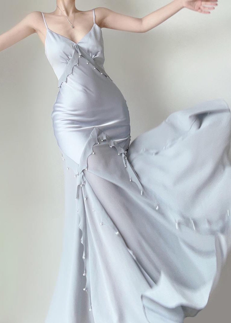 Sexy Blau Nagel Perlen Chiffon Patchwork Spaghetti Träger Kleid Ärmellos