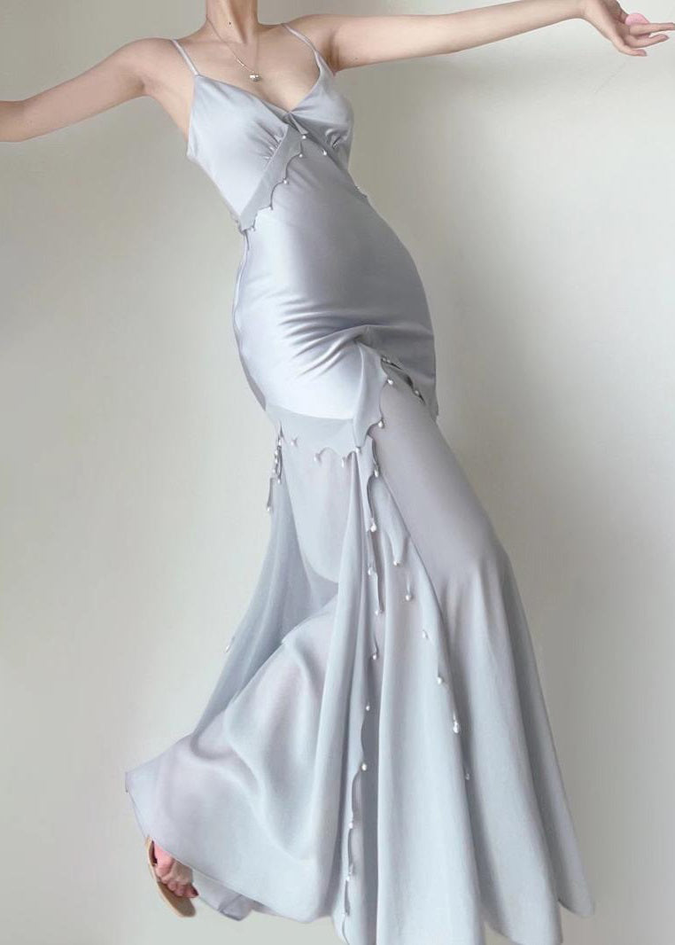 Sexy Blau Nagel Perlen Chiffon Patchwork Spaghetti Träger Kleid Ärmellos