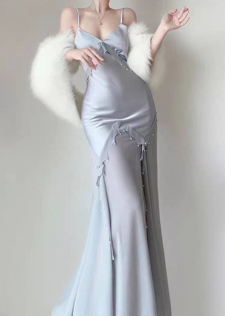 Sexy Blau Nagel Perlen Chiffon Patchwork Spaghetti Träger Kleid Ärmellos