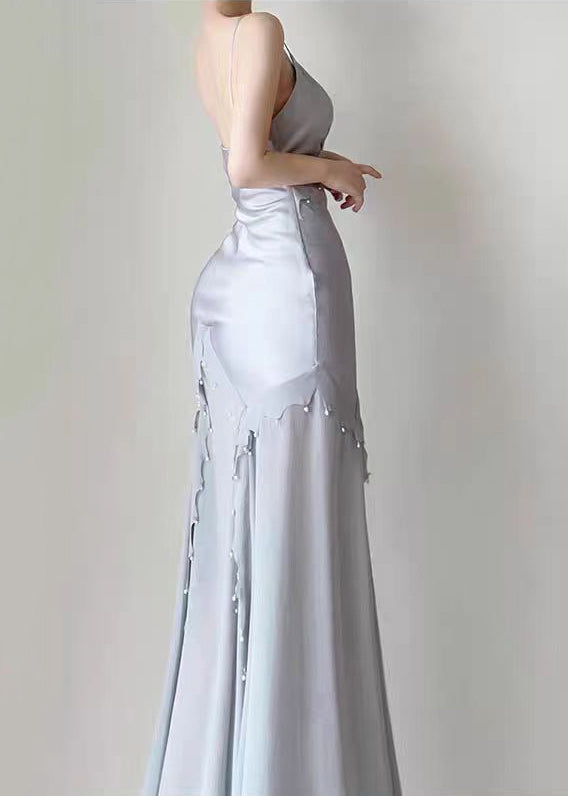 Sexy Blau Nagel Perlen Chiffon Patchwork Spaghetti Träger Kleid Ärmellos