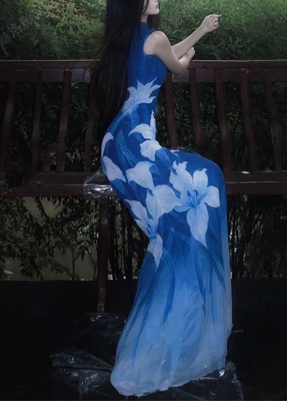 Sexy blaues Maxikleid aus bedrucktem Tüll mit Rundhalsausschnitt, ärmellos