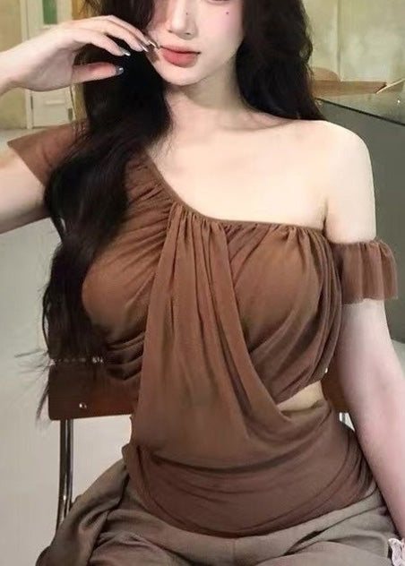 Sexy Brown Asymmetrical Cold Shoulder Tulle Top Summer