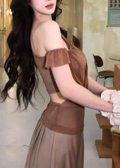 Sexy Brown Asymmetrical Cold Shoulder Tulle Top Summer