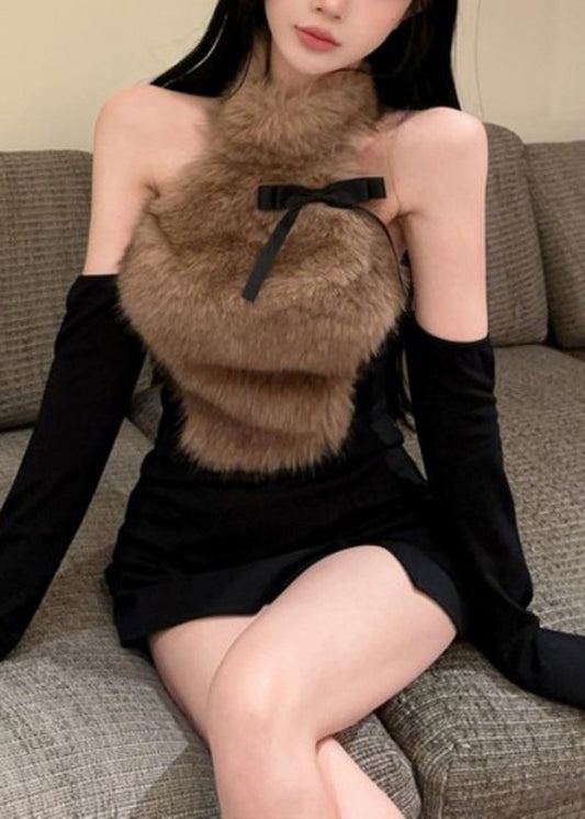 Sexy Coffee Bow Fur Hanging Neck Off Shoulder Short Top