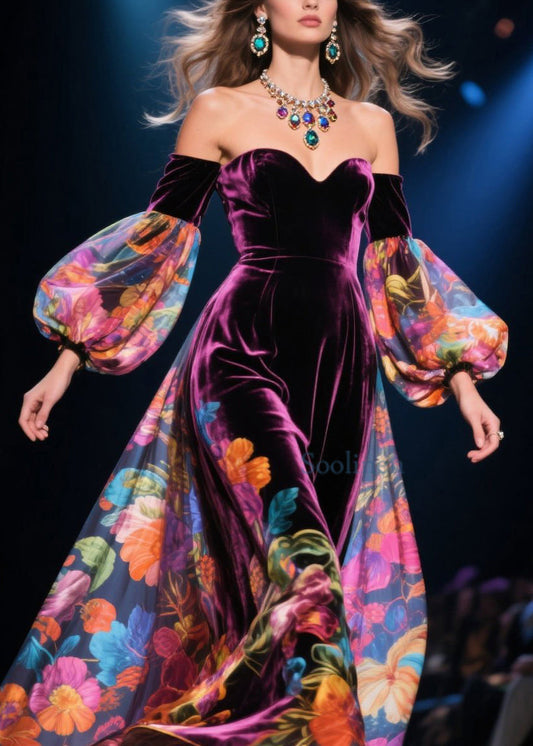 Vestido sexy de terciopelo con hombros descubiertos y estampado de patchwork para otoño
