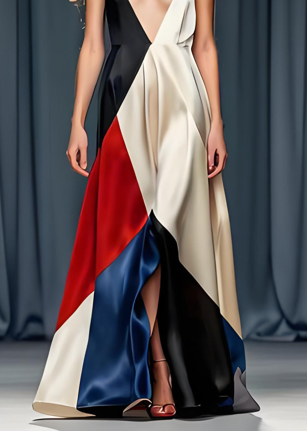 Sexy Colorblock V-Ausschnitt Spaghettiträger Partykleid aus Seide ärmellos