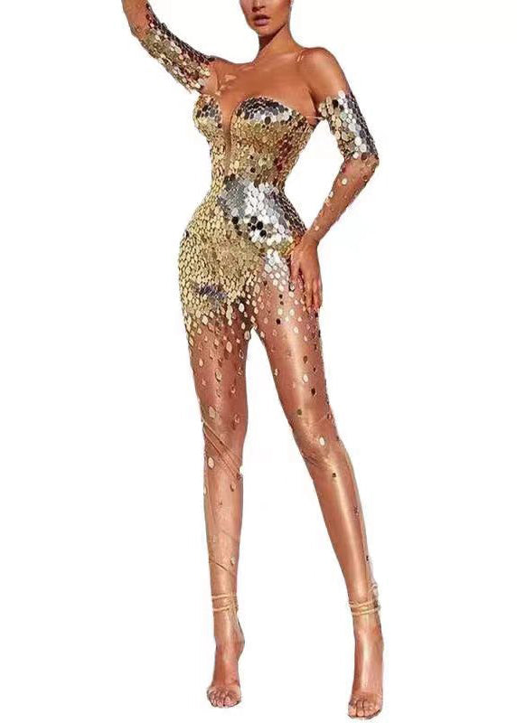 Sexy Gold Cold Shoulder Sequins Mesh Party Dress Long Sleeve