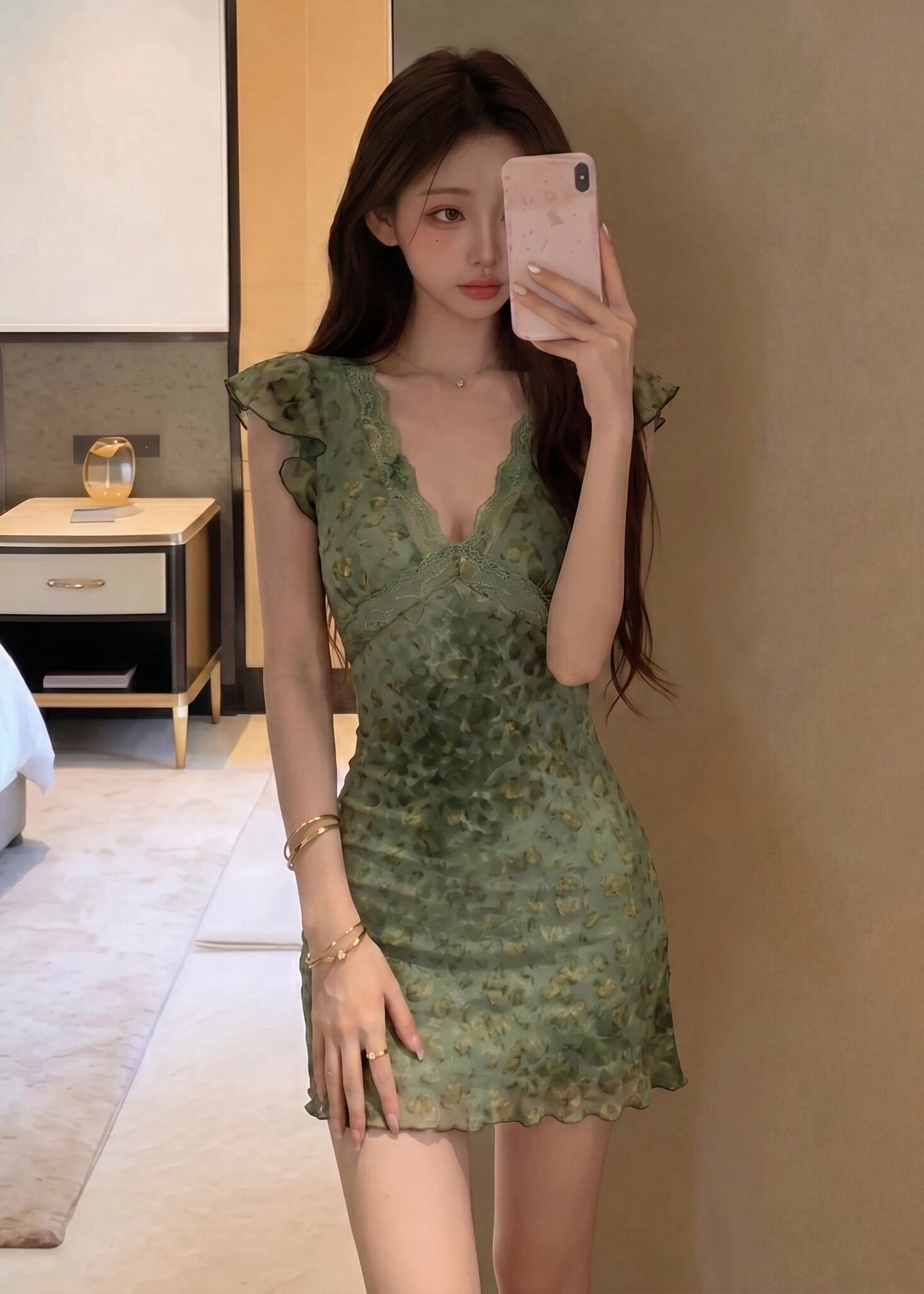 Sexy Green V Neck Lace Patchwork Tulle Mini Dress Summer