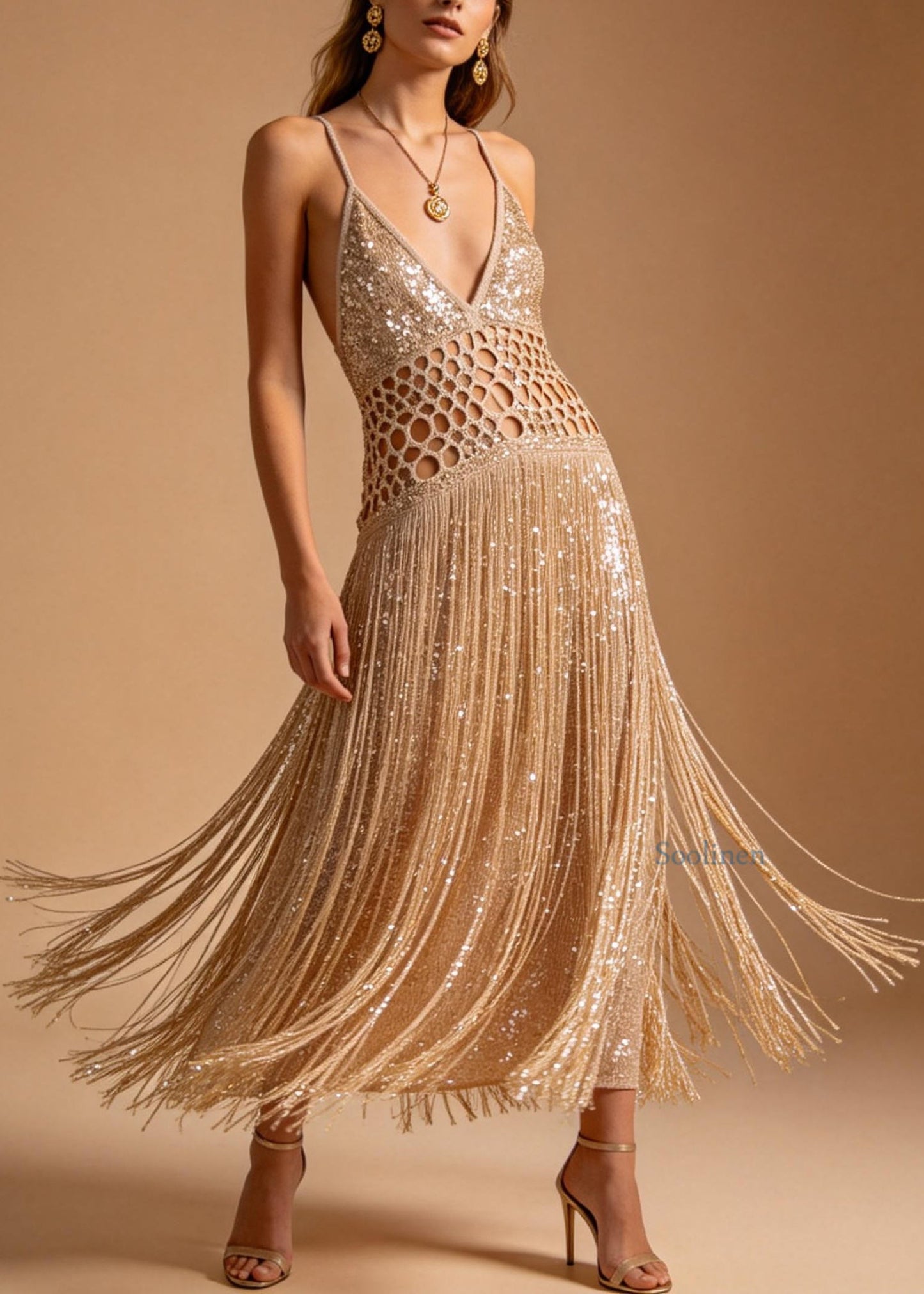 Sexy Hollow Out Tassel Patchwork Cotton Spaghetti Strap Dress Summer
