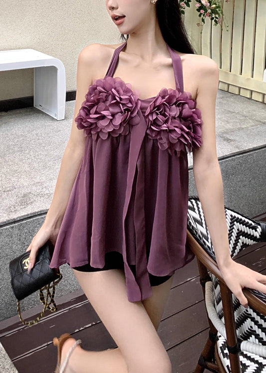 Sexy Purple Floral Chiffon Halter Tops Summer