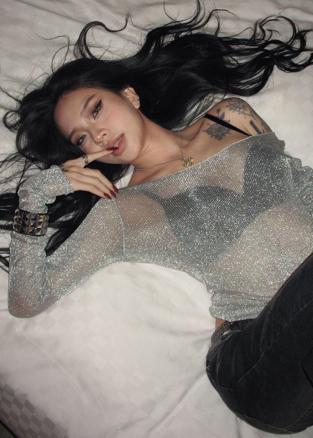 Sexy Sequin See Through Slanted Shoulder Thin T-Shirt Top Summer