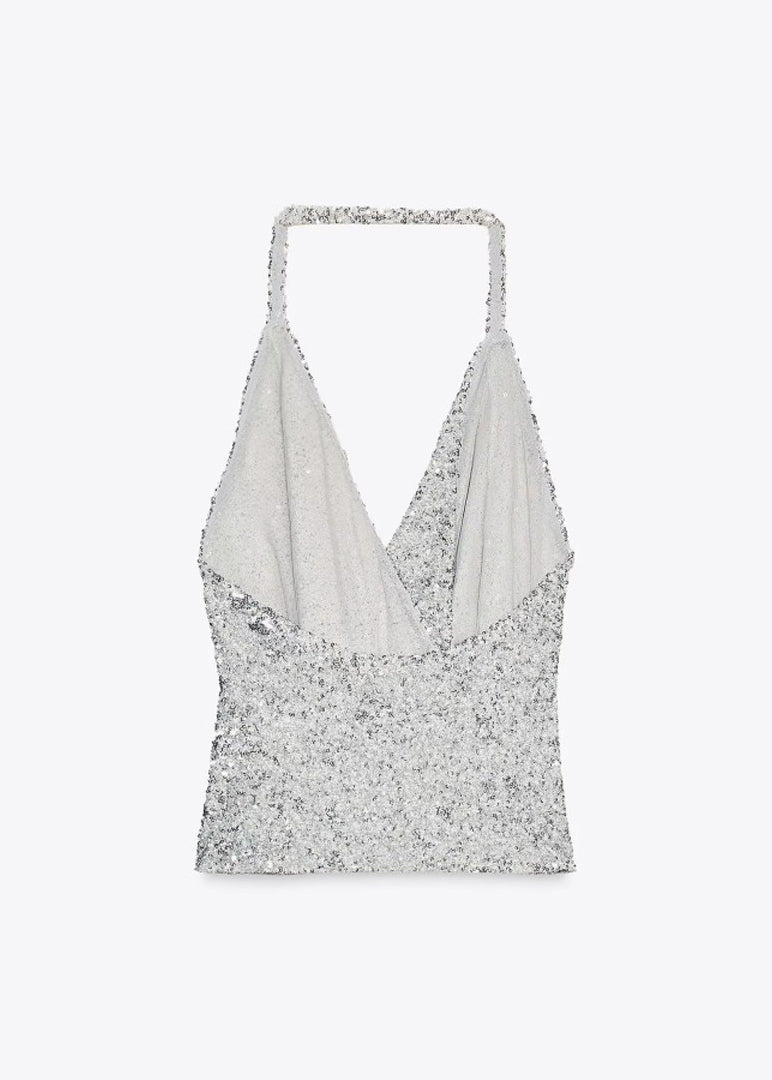 Sexy Silver Halter Backless Sequins Top Sleeveless
