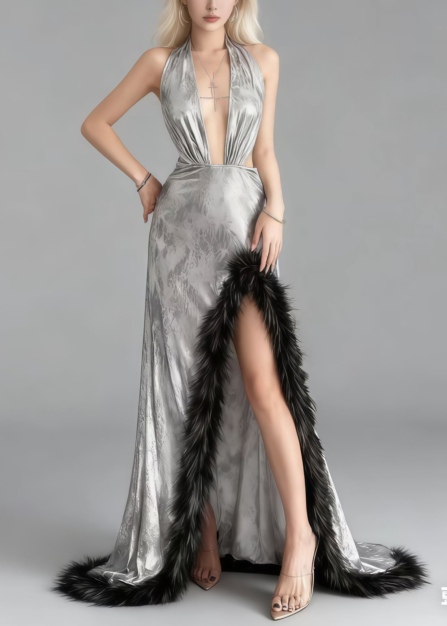 Sexy Silvery Exra Large Hem Patchwork Faux Fur Side Open Evenings Dresses Summer