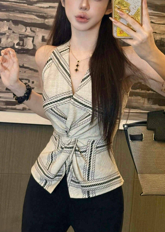 Sexy White Print Side Open Silm Fit Halter Vests Summer