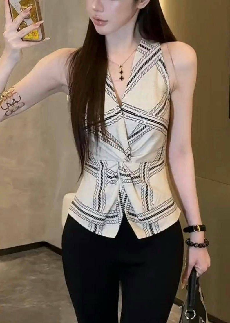 Sexy White Print Side Open Silm Fit Halter Vests Summer