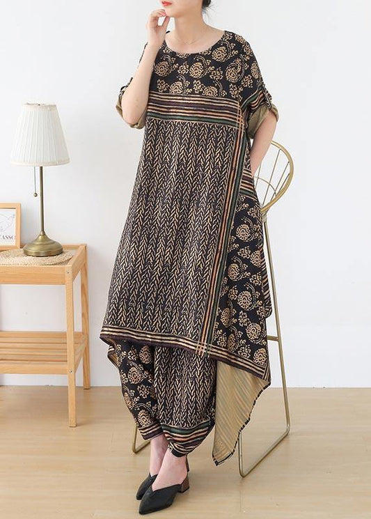 Silk Irregular Black Print Long Top Loose Harlan Leggings Two Piece Set - SooLinen