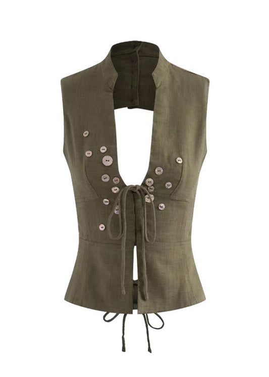 Silm Fit Army Green Backless Lace Up Vest Tops Summer
