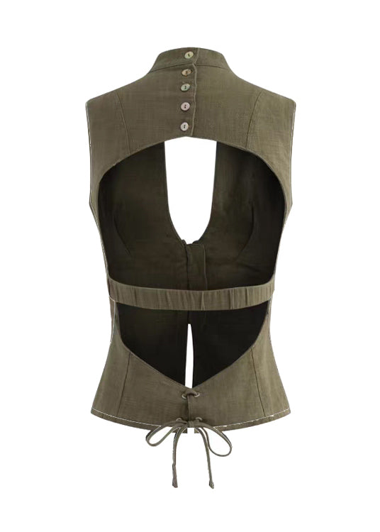Silm Fit Army Green Backless Lace Up Vest Tops Summer