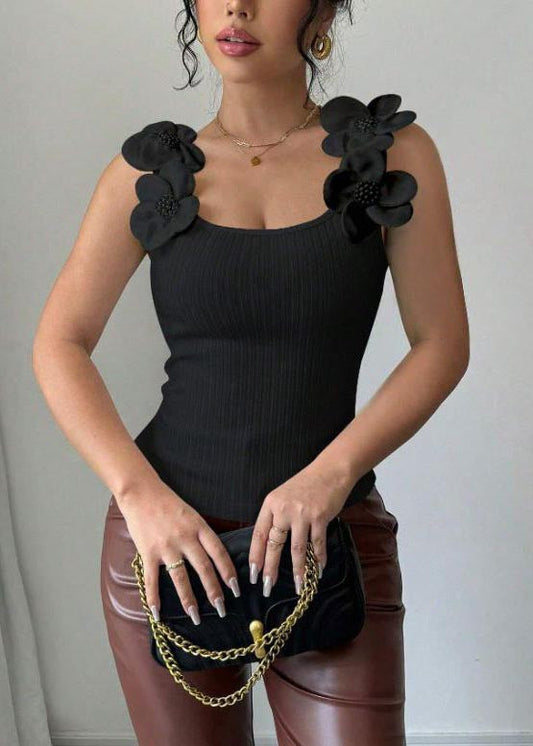 Silm Fit Black Floral Decorated Cotton Tops Summer