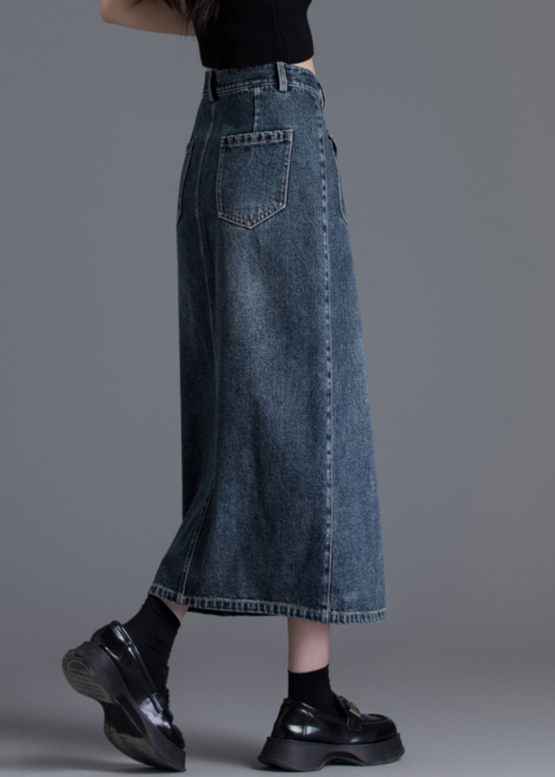 Silm Fit Navy High Waist Side Open Denim Straight Skirt Spring