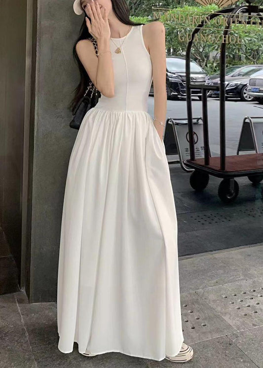 Silm Fit White Exra Large Hem Cotton Long Dress Sleeveless