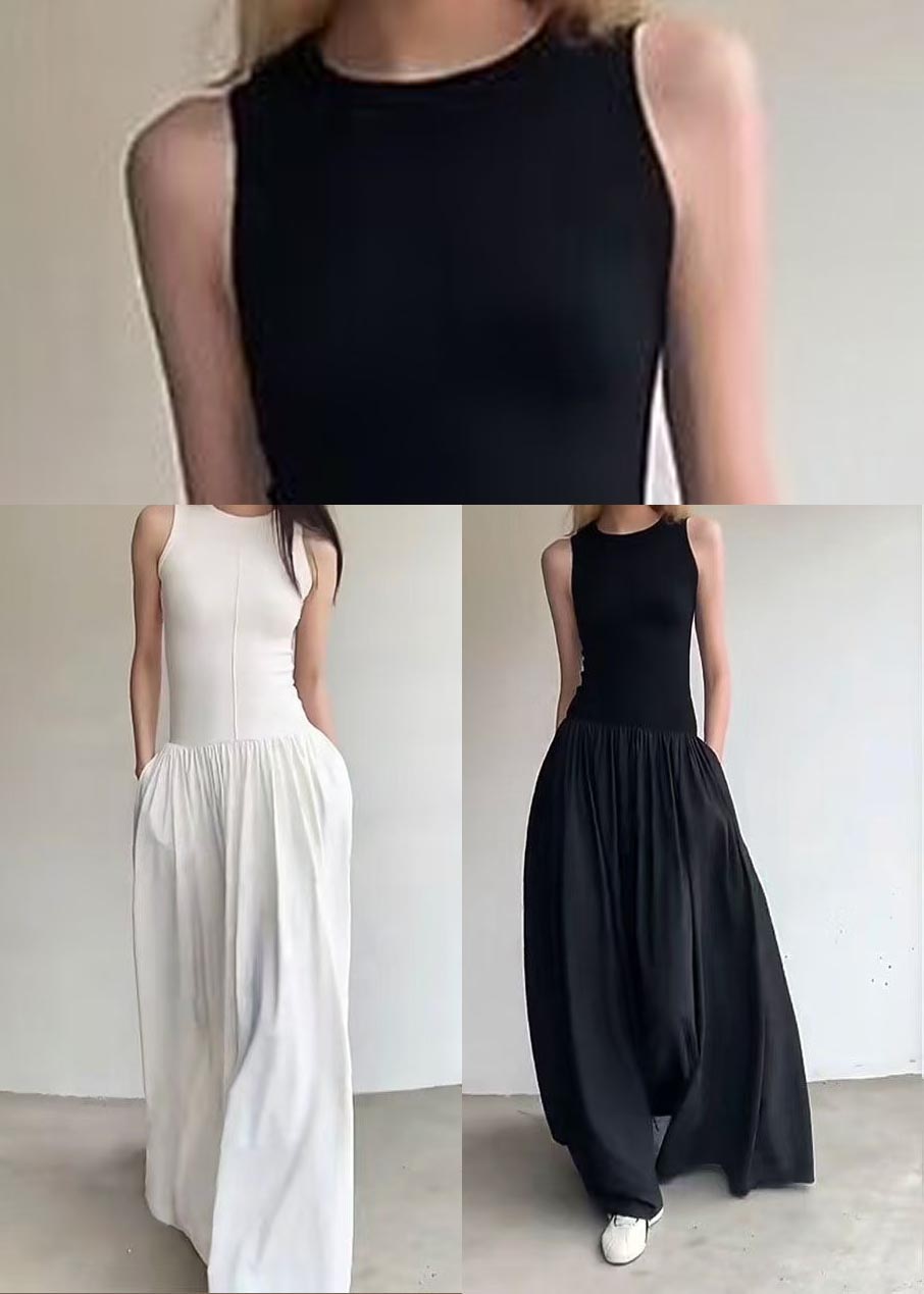 Silm Fit White Exra Large Hem Cotton Long Dress Sleeveless