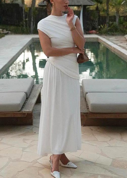 Silm Fit White Patchwork Wrinkled Cotton Wraped Dress Sleeveless