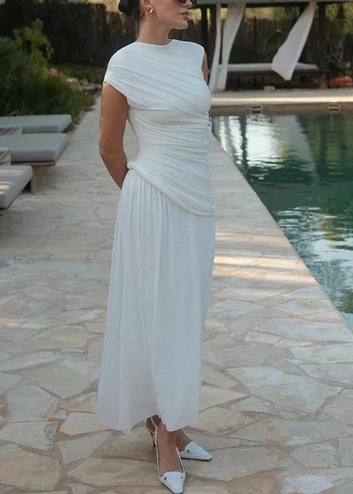 Silm Fit White Patchwork Wrinkled Cotton Wraped Dress Sleeveless