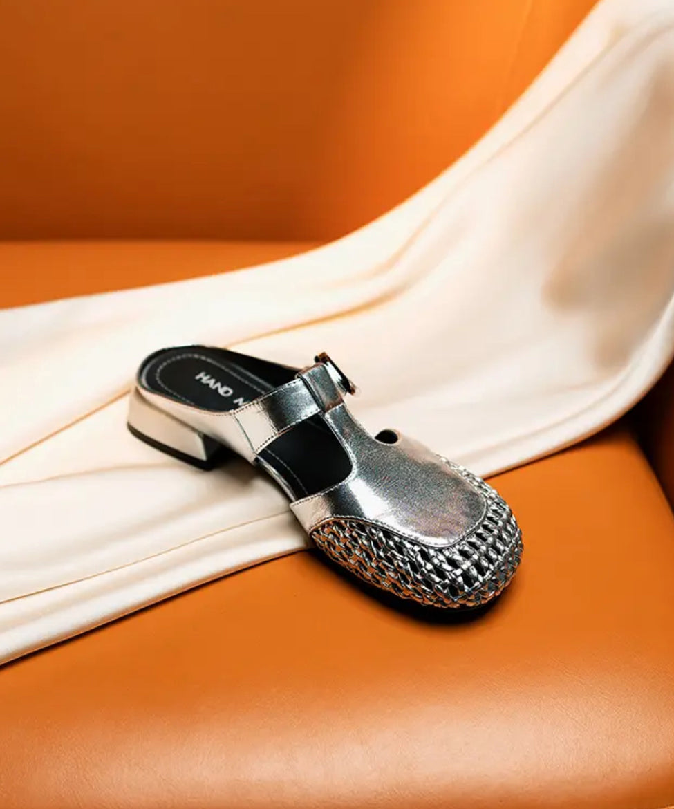 Silver Cowhide Leather Fashion Splicing Hollow Out Slide Sandals