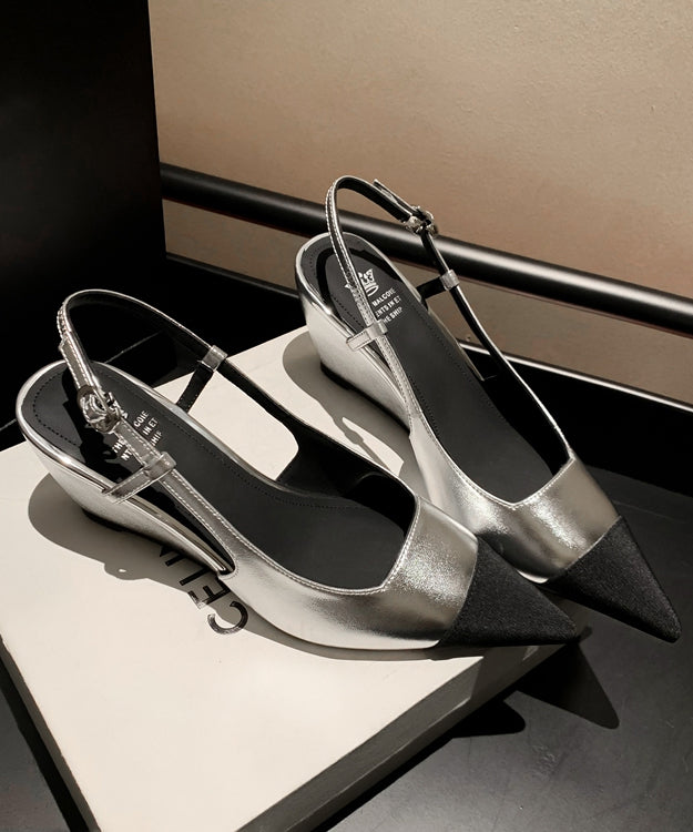 Silver Cowhide Leather Splicing Wedge Heels Sandals