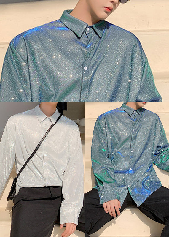 Silvery Loose Men's Workwear Shirts Sequins Fall