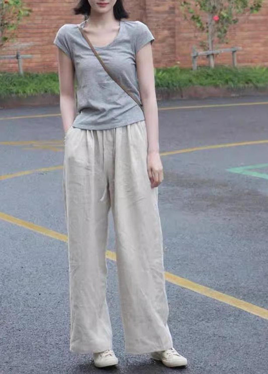Simple Apricot Elastic Waist Linen Straight Pants Fall