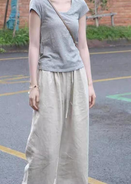 Simple Apricot Elastic Waist Linen Straight Pants Fall