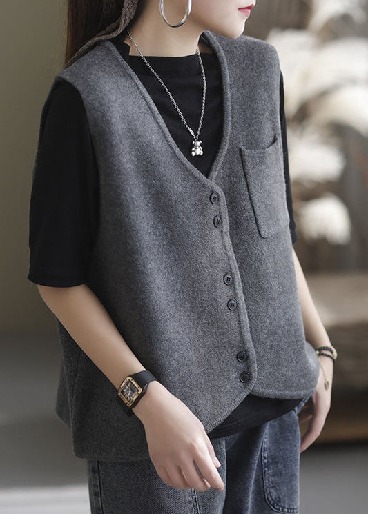 Einfache Aprikose V-Ausschnitt Taschen Solide Strick Tank Tops Ärmellos