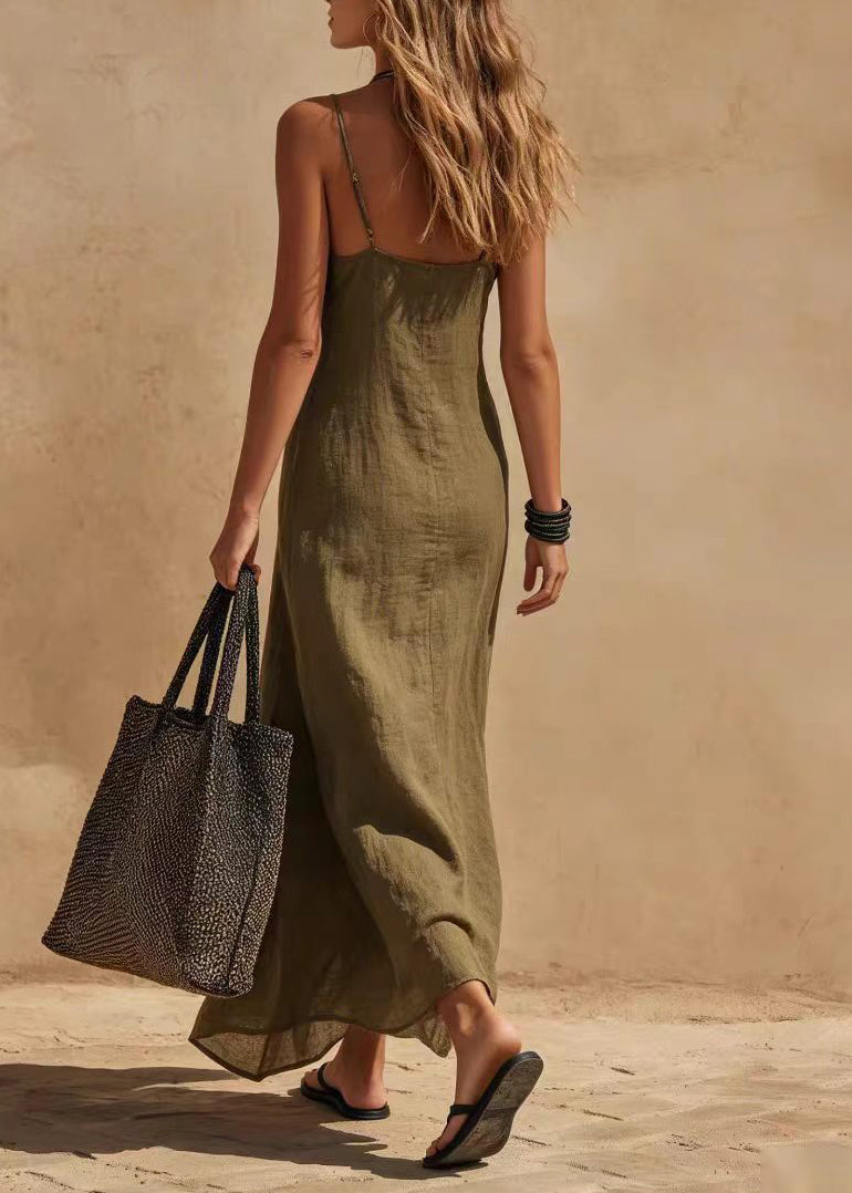 Simple Army Green Side Open Spaghetti Strap Dress Summer