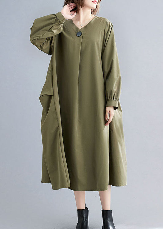 Einfache Armee Grün V-Ausschnitt Patchwork Baumwolle Kleider Frühling