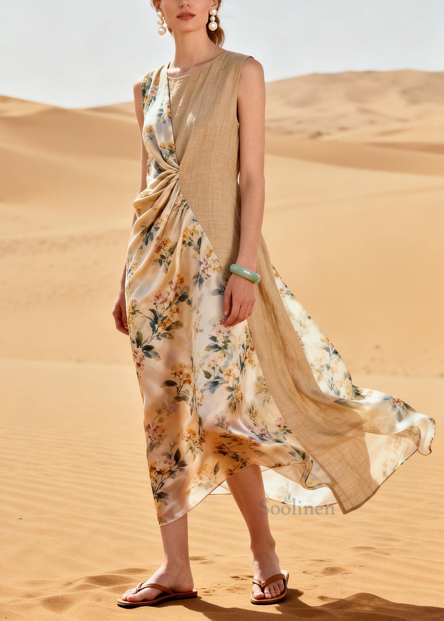 Simple Beige Asymmetrical Patchwork Linen Silk Dresses Summer