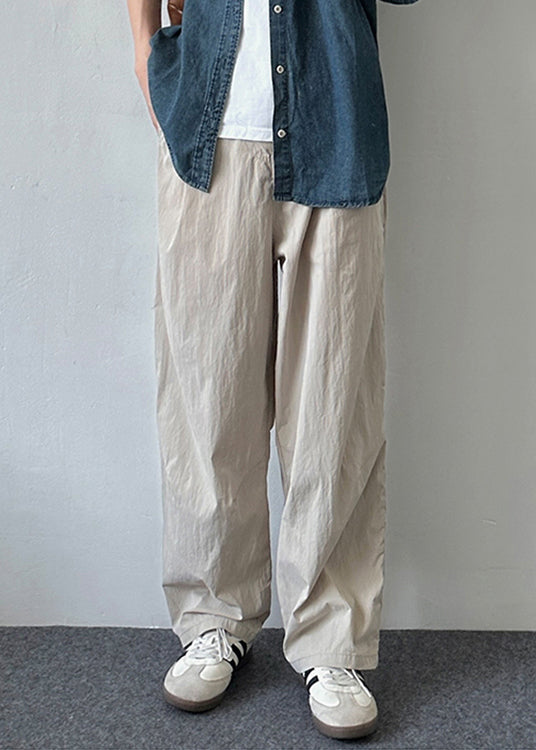 Simple Beige Button Pockets Solid Cotton Men Pants Summer