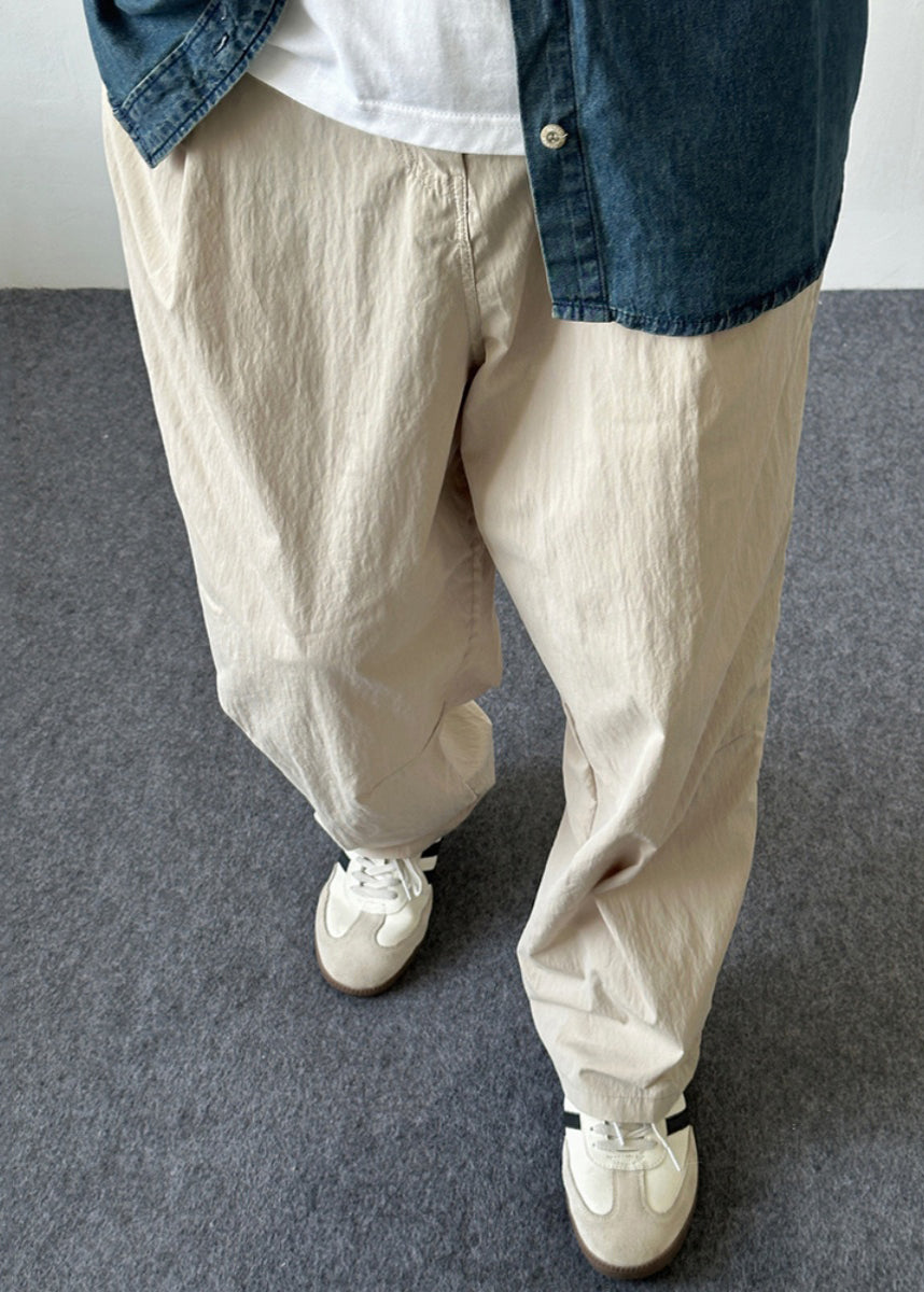 Simple Beige Button Pockets Solid Cotton Men Pants Summer