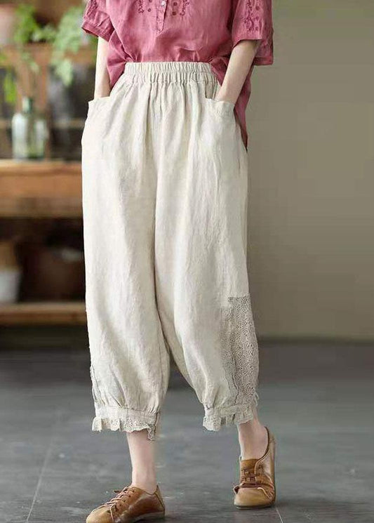 Simple Beige Elastic Waist PatchworkHarem Pants Linen - SooLinen